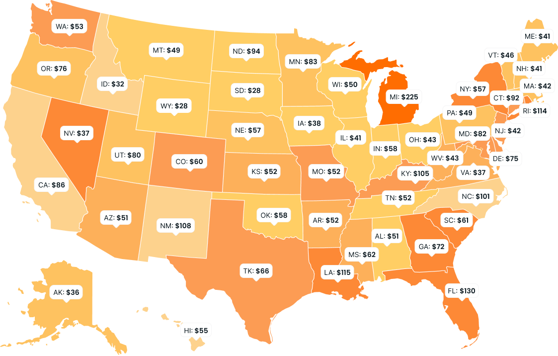 Average Monthy car insurance by state