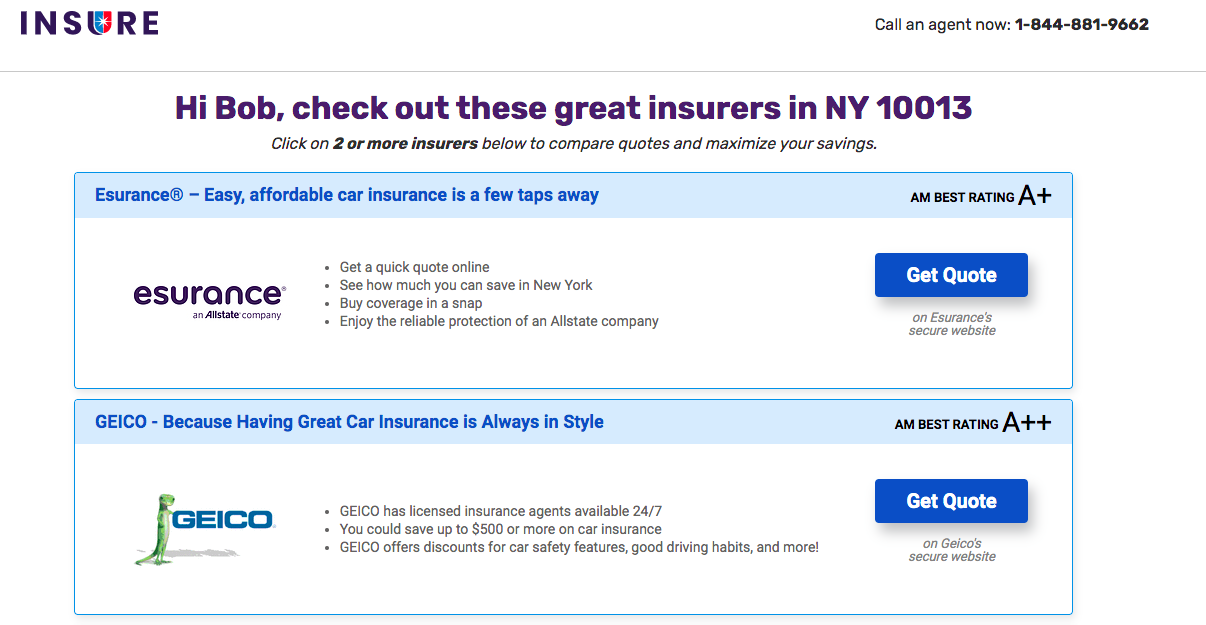 clickable buttons to get quotes from esurance and geico