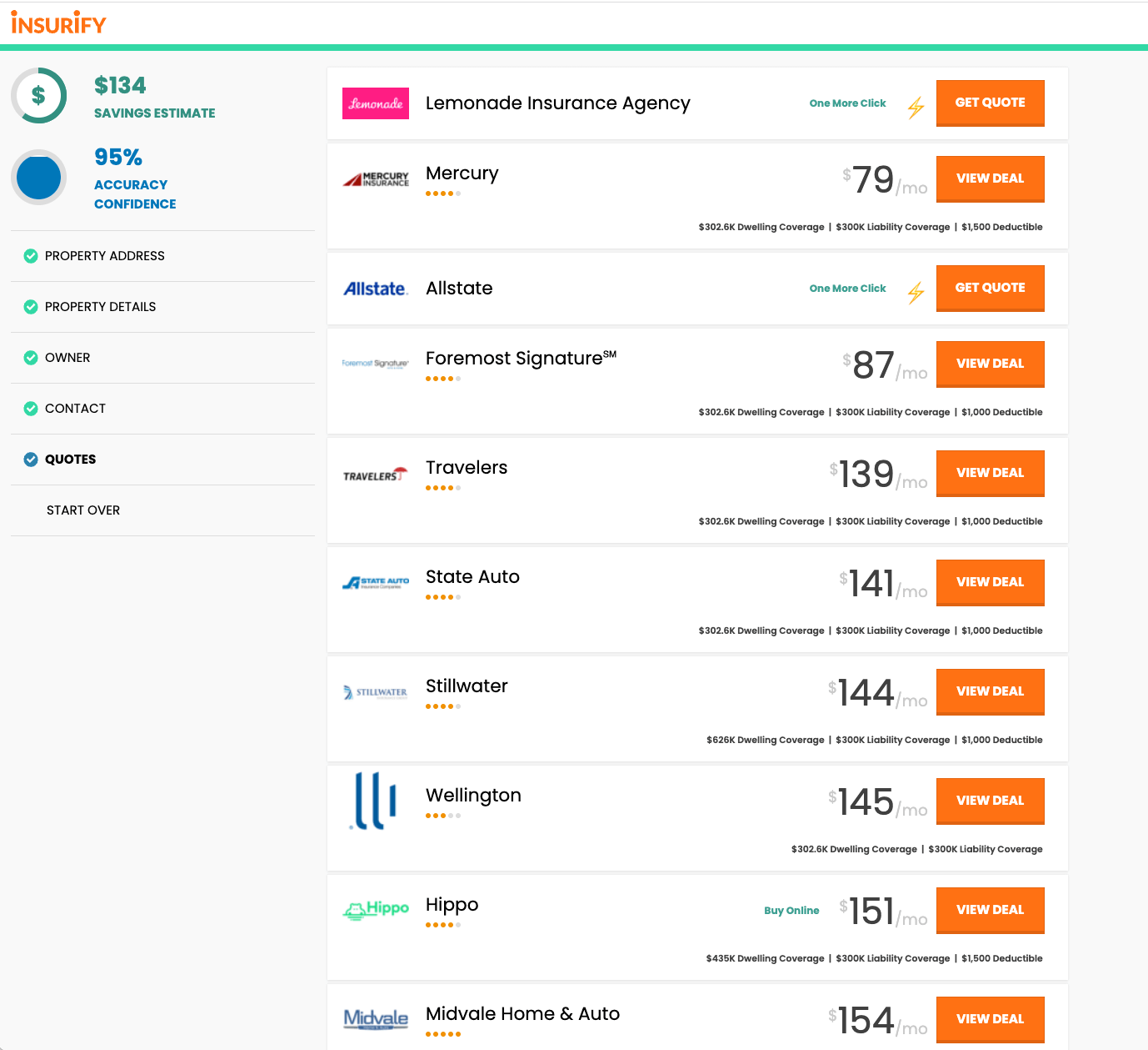 Insurify page comparing real home insurance quotes